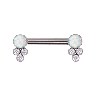 Threadless nipple bar with opal gems and tribezel CZ accents in titanium, 12g
