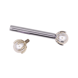 Threaded titanium nipple bar with prong pearls in white gold