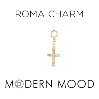 Roma cross charm with gen diamonds in yellow gold with 3mm chain