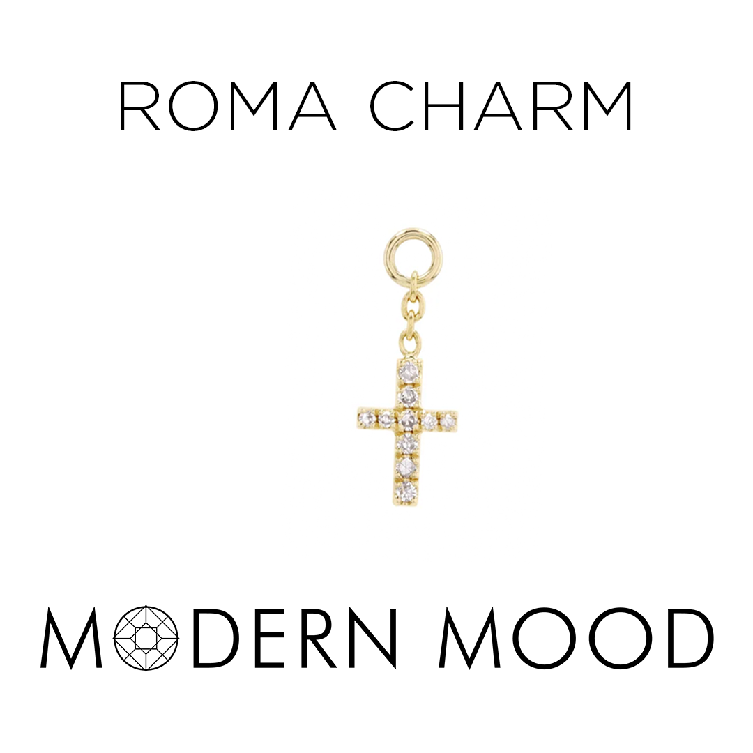 Roma cross charm with gen diamonds in yellow gold with 3mm chain ...