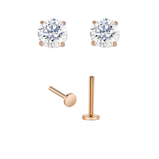 Pair of rose gold prong-set earrings with gold posts for new piercings