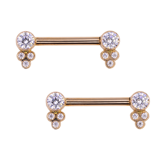 Straight barbell in 14k rose gold with bezel CZ & tri-bezel CZ accents