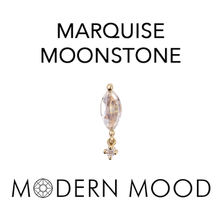 Vertical marquise moonstone with single diamond dangle in yellow gold, 3.5mm x 14.5mm