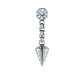 Bezel-set 3mm threadless gem end with spear dangle on 1/4" chain in titanium