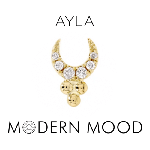 Threadless Ayla moon with bead cluster in yellow gold